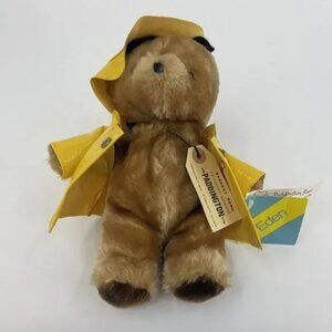 Vintage 80s Paddington Bear by Eden 9" Plush Stuffed Animal Yellow Raincoat Hat